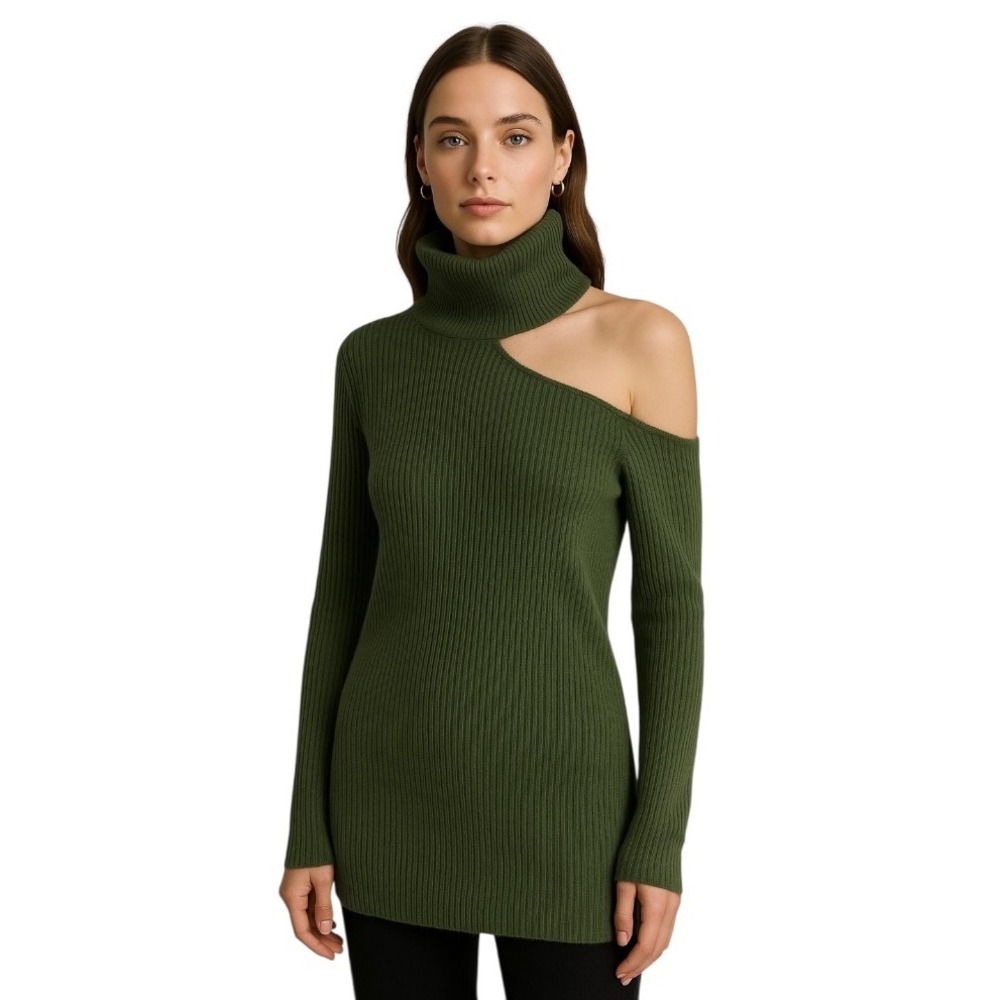 ROI Sweater Women XS Olive Green Cashmere Ribbed Knit One Shoulder‎ Turtleneck